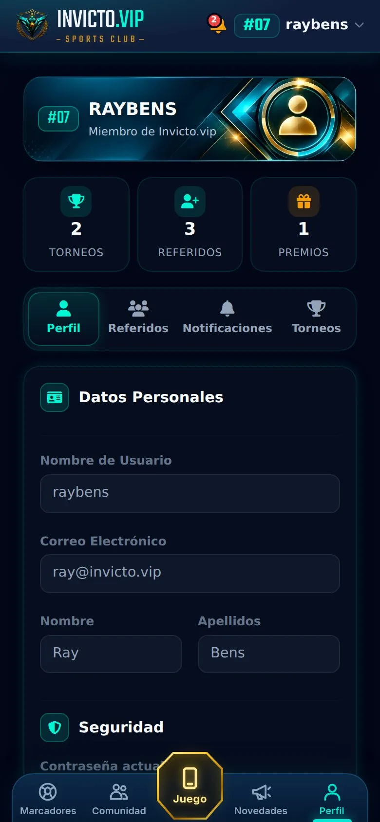 Pantalla de perfil