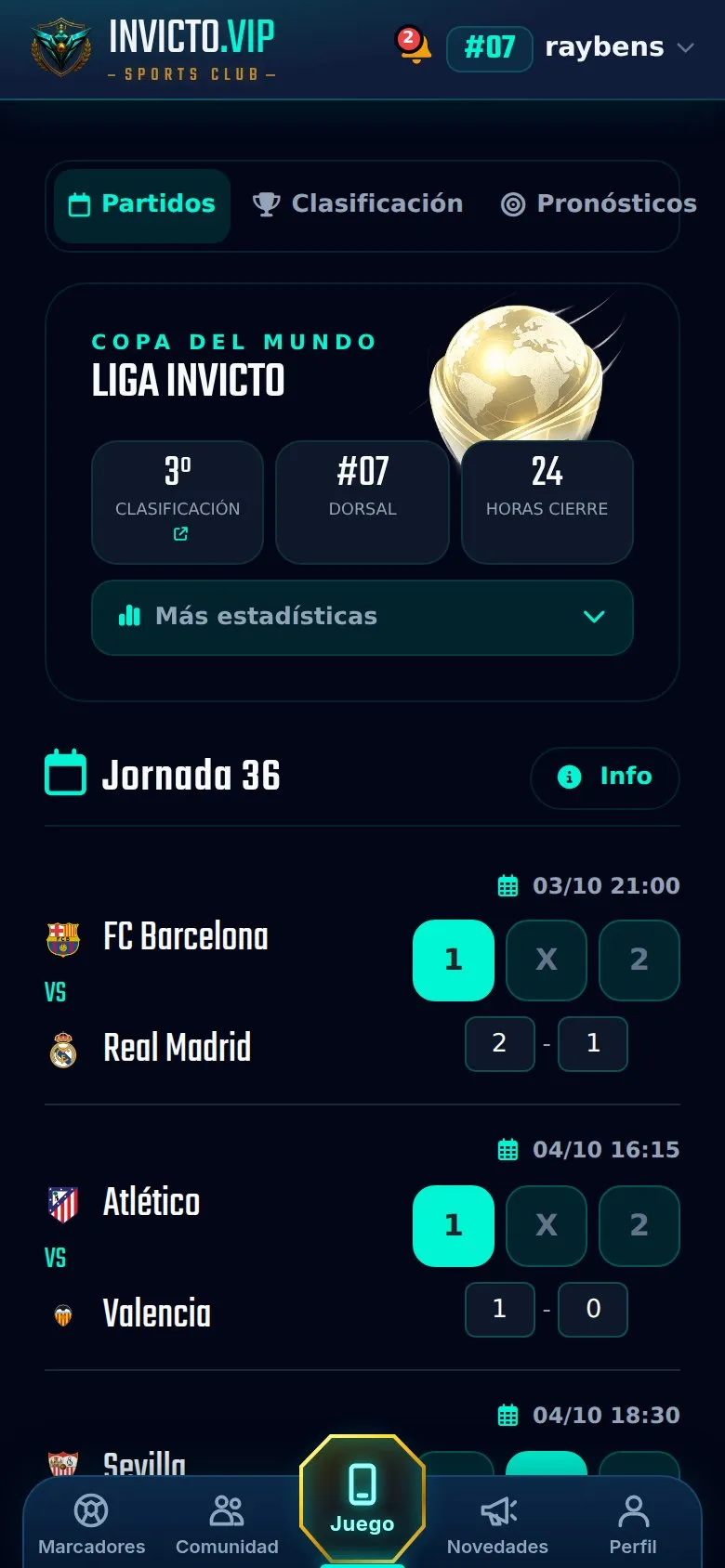 Pantalla de pronósticos de una jornada